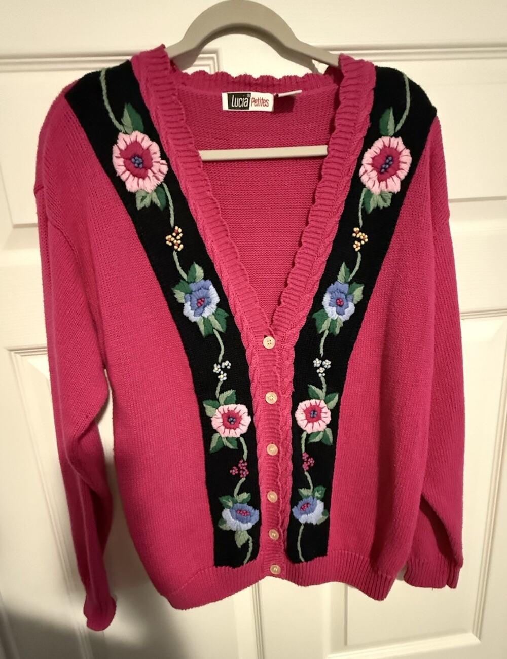 Vintage Lucia Petites Cardigan L Pink Floral Embroidered Ramie Cotton 90s